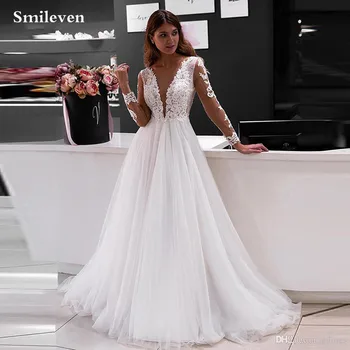 Свадебное платье Smileven в стиле Бохо, Кружевные платья невесты с длинным рукавом, платья невесты на пуговицах сзади, Vestido De Noiva