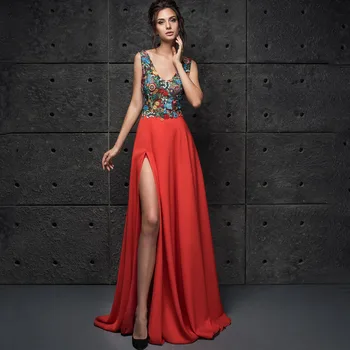 Красное вечернее платье Weilinsha с V-образным вырезом и вышивкой, Сексуальный разрез сбоку, без рукавов, Изысканное женское вечернее платье с открытой спиной, Vestidos De Noche