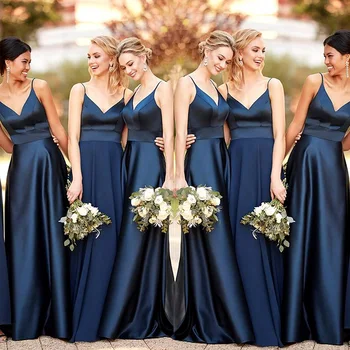 Темно-синие Платья Подружек Невесты, длинные, 2022, Трапециевидные, Атласные, на тонких бретельках, Свадебное платье для Подружек Невесты, групповое платье для свадьбы