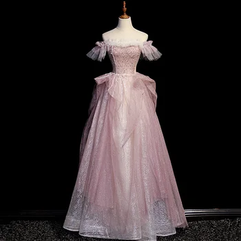 Розовое вечернее платье с вырезом лодочкой и пайетками, Элегантные короткие рукава, складки, трапециевидный тюль, большие размеры, женские вечерние платья B2505