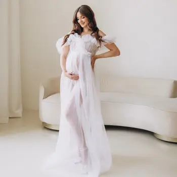 Элегантное Иллюзионное Тюлевое платье для беременных для фотосессии С многоуровневыми оборками, Пышное платье для беременных Длиной до пола, халаты для детского душа