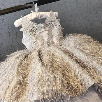 Роскошное Пышное бальное платье Принцессы с перьями, платье для девочек, костюмы для Первого причастия, выпускной бал, цветочная аппликация Длиной до колен