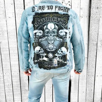 Мужская осенне-зимняя новинка, хит продаж, уличная мотоциклетная рваная джинсовая куртка с механическим рисунком черепа