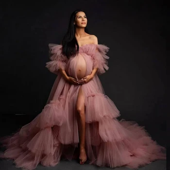 Элегантные розовые тюлевые халаты, платье для беременных для фотосессии, Многоуровневые оборки, женские платья Babyshower с открытыми плечами