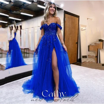 Платье для выпускного вечера трапециевидной формы Cathy сапфирово-голубого цвета 2023, Элегантное Платье с пайетками на груди, С открытыми плечами, с разрезом сбоку, Vestidos De Noche