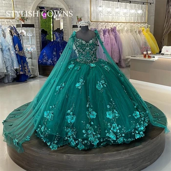 Зеленое Бальное платье Принцессы в форме сердца, Пышное платье для девочек, расшитое бисером, 3D цветы с накидкой, платья для Дня рождения, платья для выпускного вечера