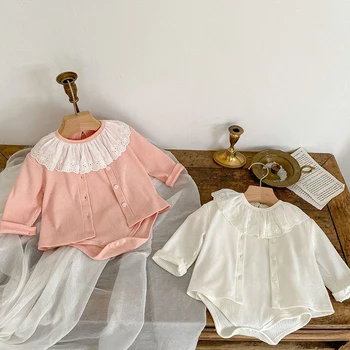 Летний Комплект одежды Для новорожденных девочек, однотонный кардиган с длинными рукавами + комбинезон с короткими рукавами, одежда для маленьких девочек, костюм