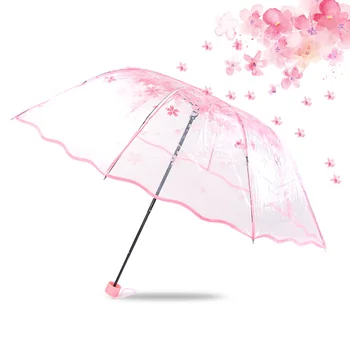 Feifan-Полностью автоматический прозрачный зонт для женщин, Цветущая вишня, Трехстворчатый, Корейский, Цветущая вишня