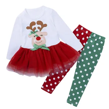 Рождественский наряд для маленьких девочек, Топы с длинными рукавами и сетчатым подолом из лося, штаны в горошек, Комплект Одежды Принцессы на Рождество для девочек