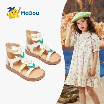 Кожаные сандалии для девочек Mo Dou, новые нескользящие туфли принцессы на мягкой подошве, милые цветы, высокий верх, молния, открытый носок, уютный западный стиль