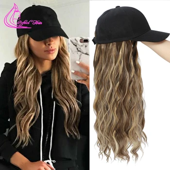 Синтетический Волнистый парик Бейсболка с натуральными волнистыми волосами для наращивания, Черно-белая шляпа, Парики для женщин, девочек, Черно-коричневый Светлый цвет