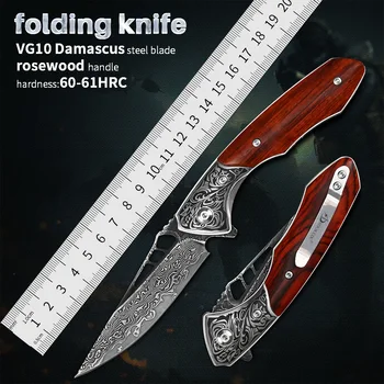 Деревянные Тактические карманные ножи в стиле милитари с деревянной ручкой, инструмент для самообороны, EDC, Складной нож для выживания, сталь VG10 Dmascus