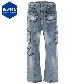 Свободные тактические джинсы с множеством карманов, мешковатые джинсовые брюки, Мужская уличная одежда в стиле хип-хоп, модные синие джинсы-карго в стиле Харадзюку