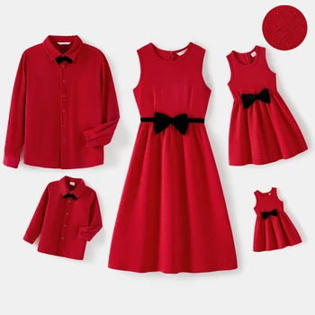 Комплекты Одежды для семьи PatPat с бантом Спереди, Текстурированные платья-майки с красным сердечком спереди и вельветовые рубашки с длинными рукавами
