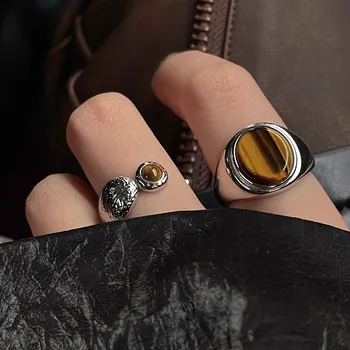 Кольца из стерлингового серебра 925 пробы с геометрическим желтым камнем Для женщин и мужчин, простые корейские модные Открытые Регулируемые кольца ручной работы, подарки для пары