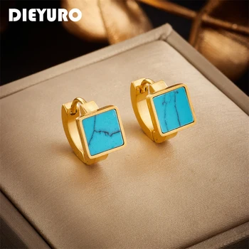 Серьги-кольца из нержавеющей стали DIEYURO 316L с небольшим квадратным синим камнем для женщин, Новые простые украшения с пряжкой для ушей для девочек, подарки для вечеринок