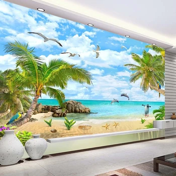 Морской пейзаж, Кокосовая пальма, Песчаный пляж, 3D фотообои для гостиной, Декор спальни, водонепроницаемая самоклеящаяся наклейка, настенная роспись