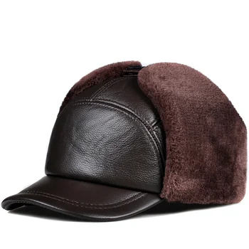 Зимняя мужская шапка из 100% натуральной кожи и искусственного меха, мужская теплая шапка-бомбер из плотного бархата, шапки-ушанки для пожилых людей, Мото-ветрозащитные снежные шапки