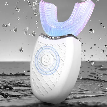 Автоматическая Звуковая Электрическая Зубная щетка для взрослых, перезаряжаемая на 360 градусов, Интеллектуальные U-образные зубные щетки, сине-белые, водонепроницаемые
