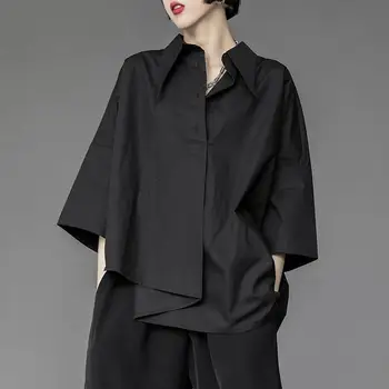 Женская Блузка Асимметричная В японско-корейском стиле Harajuku, Черно-белая Рубашка, Свободные Топы на пуговицах, Повседневная Летняя мода