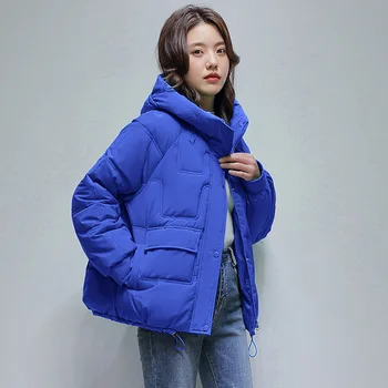 Зимняя куртка Женская 2023 Klein, Синее хлопчатобумажное платье, Женское Короткое Корейское Свободное хлопчатобумажное платье, Женская одежда, Женское пальто
