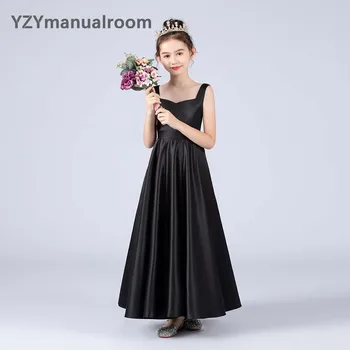 YZYmanualroom/ Черное атласное платье с цветочным узором для девочек на День рождения, торжественная вечеринка, детское праздничное платье Принцессы без рукавов