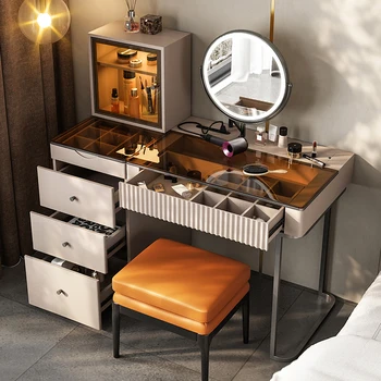 Итальянский минималистичный туалетный столик высокого класса: Спальня, Современный, простой, роскошный косметический столик со встроенным шкафом для хранения вещей.