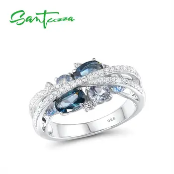 Серебряные кольца SANTUZZA Для женщин из натурального серебра 925 пробы, мерцающая голубая Шпинель, Кубический Цирконий, Модные Роскошные ювелирные украшения