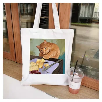 Винтажная холщовая сумка с мультяшным котом, большая сумка-тоут, сумки для покупок для девочек Kawaii для женщин, женские сумки для покупок многоразового использования