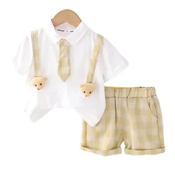 Новая летняя модная одежда для малышей, костюм для мальчиков, клетчатая футболка, Шорты, 2 шт./компл., Повседневный хлопковый костюм для малышей, детские спортивные костюмы