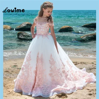 Белые платья в цветочек для девочек с розовой аппликацией, праздничные платья для девочек 2018, Красивые платья для причастия, вечерние платья для девочек, Новые