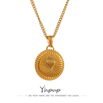 Yhpup Ожерелье с круглым Сердечком из нержавеющей стали 316L, Цепочка с металлической текстурой, Ожерелье с Ювелирным покрытием 18 K, Подарок