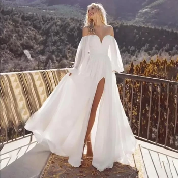 Простое Богемное шифоновое свадебное платье в стиле Бохо 2024, Свадебные платья с открытыми плечами и пышными рукавами с разрезом Спереди, Vestido De Noiva
