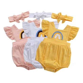 Комплект летней одежды из 2 предметов для новорожденных девочек, радужный комбинезон с рюшами, рукав-мушка, квадратный вырез, комбинезон, повязка на голову, комплект детской летней одежды