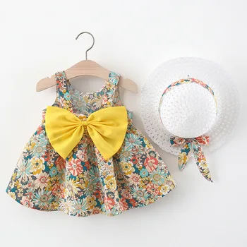 Детское платье с бантом, платье для малышей, пасторальное платье принцессы и шляпка, комплект из двух предметов, детское пляжное платье 2, 3, 4, 5, 6 лет