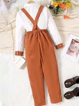 Детский осенне-зимний костюм Унисекс из 2 предметов, состоящий из рубашки с воротником и пуговицами и брюк на подтяжках для мальчиков и девочек