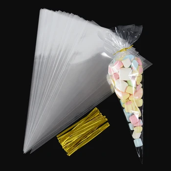 50 шт. Пластиковые Прозрачные Пакеты для конфет, Треугольная сумка для закусок, упаковка для попкорна, печенья, сумка для Свадьбы, Дня Рождения, детского душа