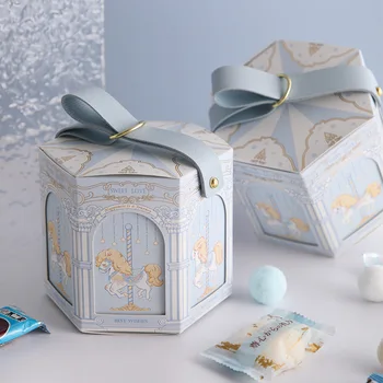 Шестигранная Кожаная Портативная коробка для свадебных конфет, Душа ребенка, Голубые, Розовые Подарочные коробки, Бумага для мальчиков и девочек, Вечерние принадлежности для вечеринок