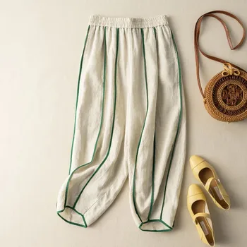 Хлопчатобумажные и льняные Летние тонкие брюки-Харен с эластичной резинкой на талии в полоску, Свободная повседневная женская одежда ZM439