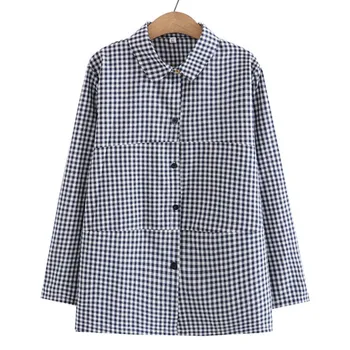 Рубашка размера Плюс 4XL, женские Весенние хлопковые топы в клетку, Свободные Блузки с отворотами, Облегающая Одежда