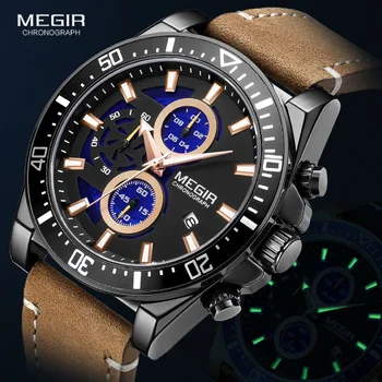 Мужские часы MEGIR Кварцевые 2023, Роскошные спортивные часы с повседневным кожаным ремешком для мужчин, Модные Водонепроницаемые светящиеся часы с хронографом